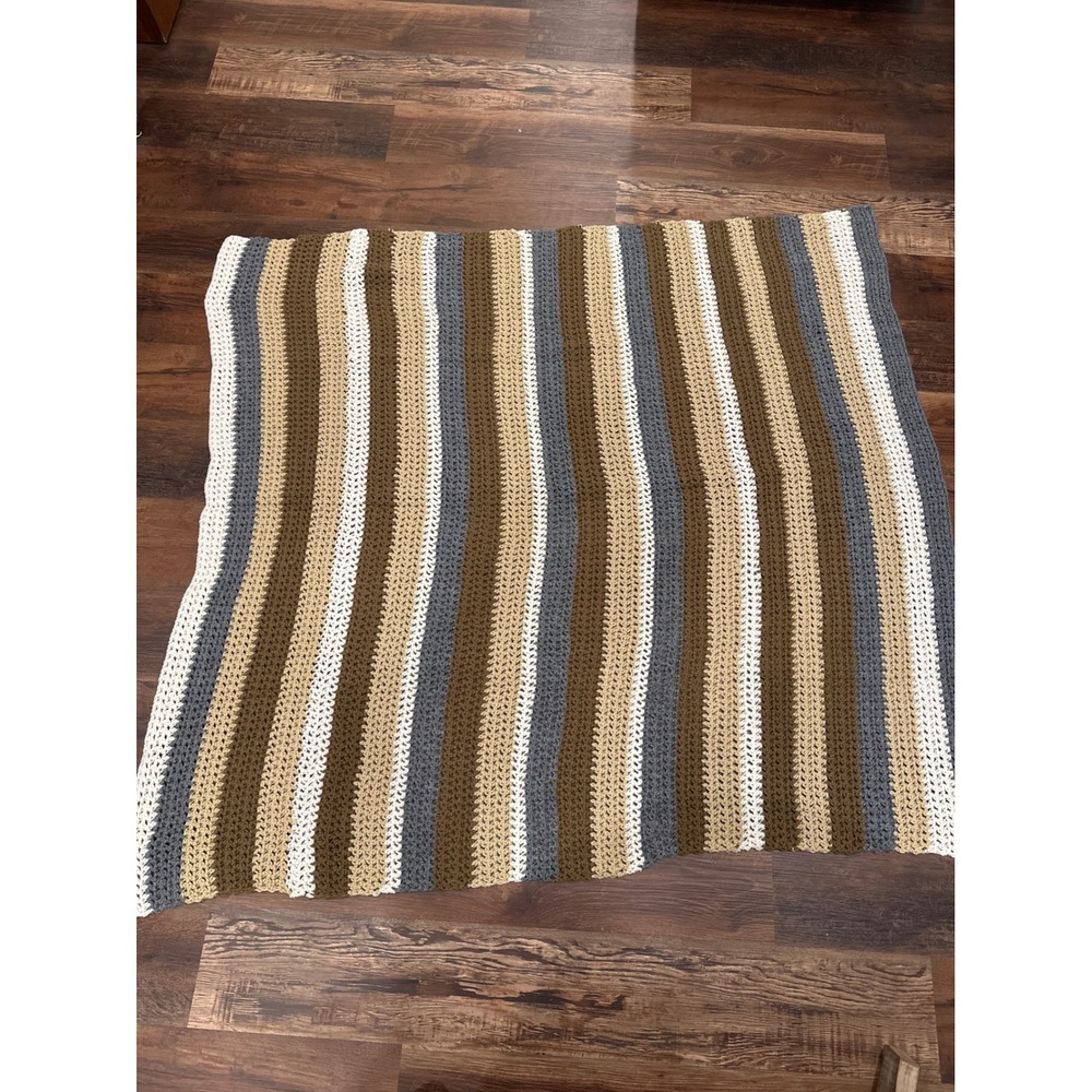 Handmade Crochet Throw Blanket Earth Tone Striped Brown Tan Gray 55x60 Boho